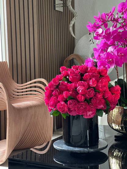 Dark Pink English Roses in Black Glass Cylinder Vase