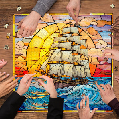 Stained Glass Sunset Saiboat Jigsaw Puzzle 1000 Pieces