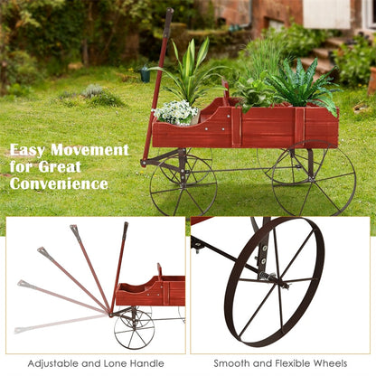 Wooden Garden Planter Wagon Cart with Metal Wheels for Backyard