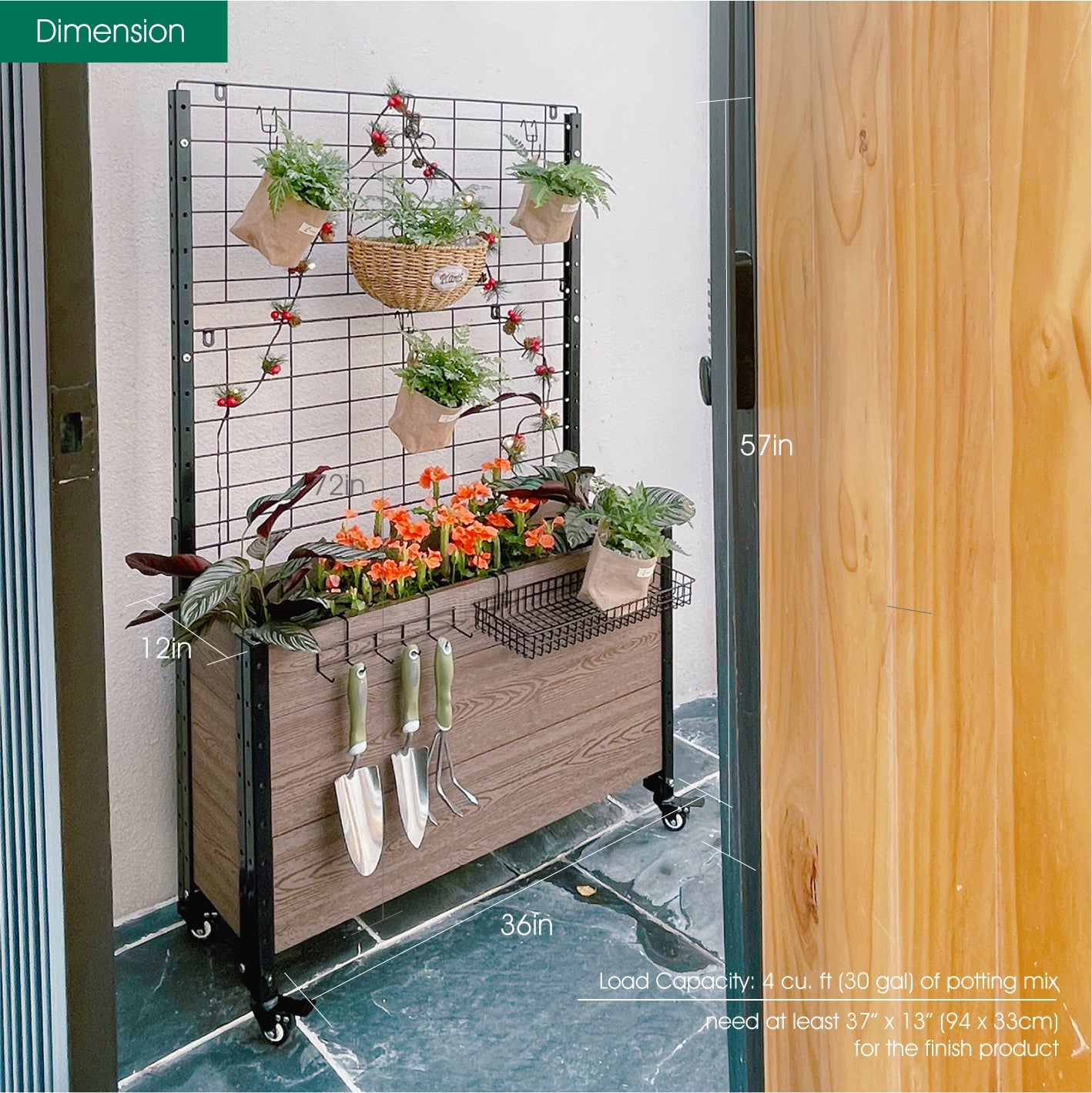 Mobile Deep Trough Planter with Trellis and Basket & Hook Set