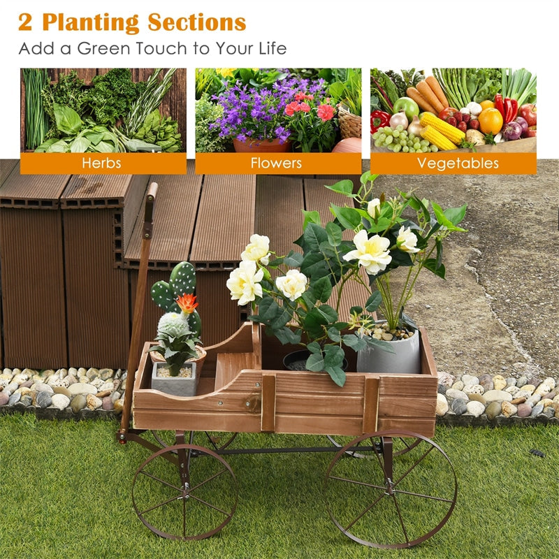 Wooden Garden Planter Wagon Cart with Metal Wheels for Backyard