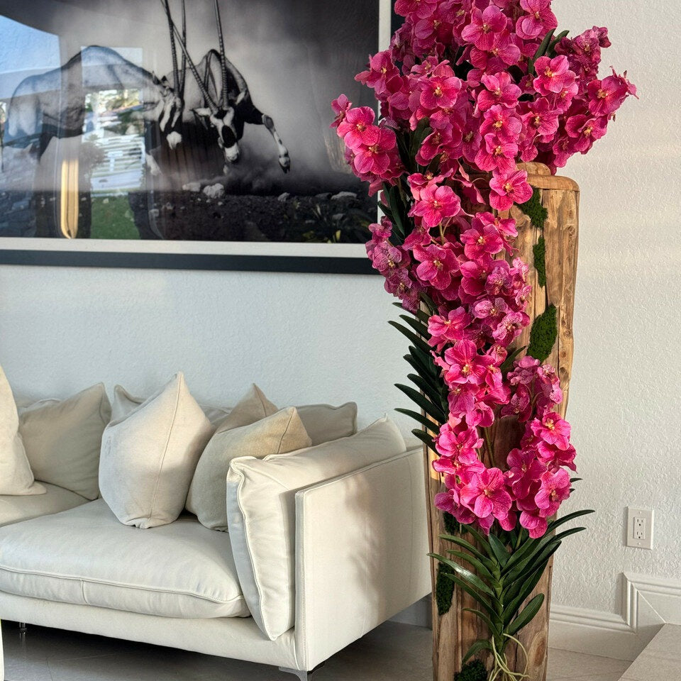 Large Live Edge Teak Vase with Pink Vanda Orchids