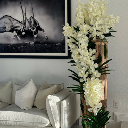 Large Live Edge Teak Vase with White Vanda Orchids Artificial Tree