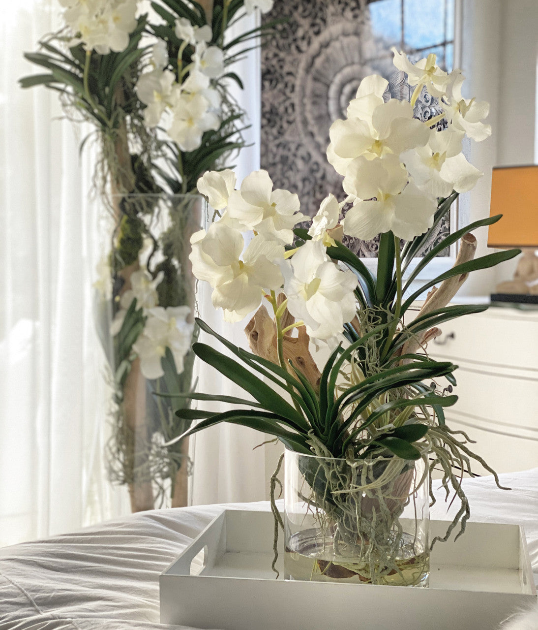 Vanda Orchids And Driftwood Inside Glass Cylinder