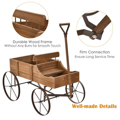 Wooden Garden Planter Wagon Cart with Metal Wheels for Backyard