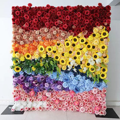 Roll Up Fabric Artificial Vivid Rainbow Flower Wall Wedding Backdrop, Floral Party Decor, Event Photography-VF-310