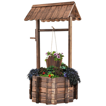 Rustic Outdoor Wooden Wishing Well Planter Garden Flower Plants Planter with Hanging Bucket