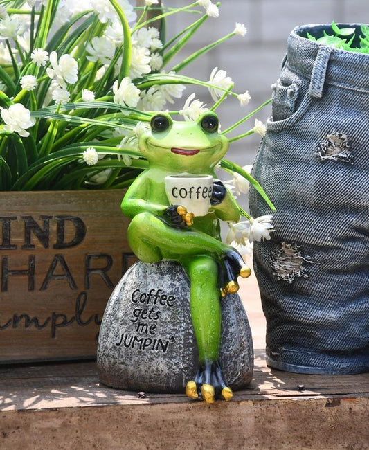 Frog Drinking Coffee Statue for Garden, Animal Statue for Garden Courtyard Ornament, Villa Outdoor Decor Gardening Ideas