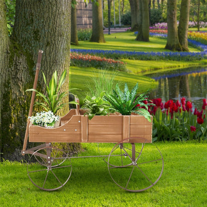 Wooden Garden Planter Wagon Cart with Metal Wheels for Backyard