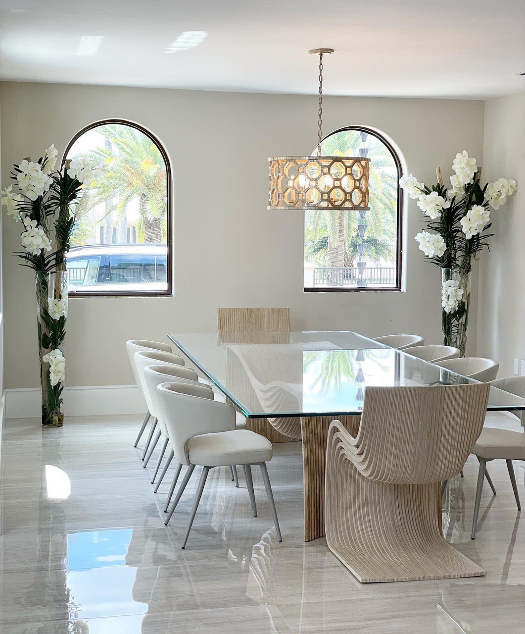 White Vanda Orchids And Driftwood Inside Oversized Tapered Glass Cylinder