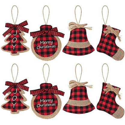 Christmas-Christmas decorations tree ornament 8 pcs red black buffalo check plaid stitching burlap hanging ornaments tree ball bell stocking shaped hanging decor for holiday xmas party decorations gift