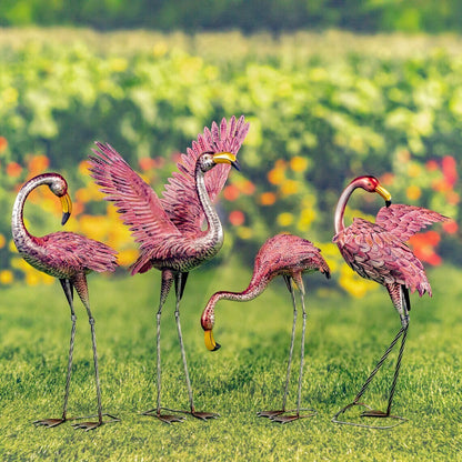 Set of 4 Metallic Pink Flamingo Garden Figurines in Assorted Styles