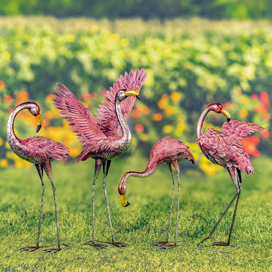 Set of 4 Metallic Pink Flamingo Garden Figurines in Assorted Styles