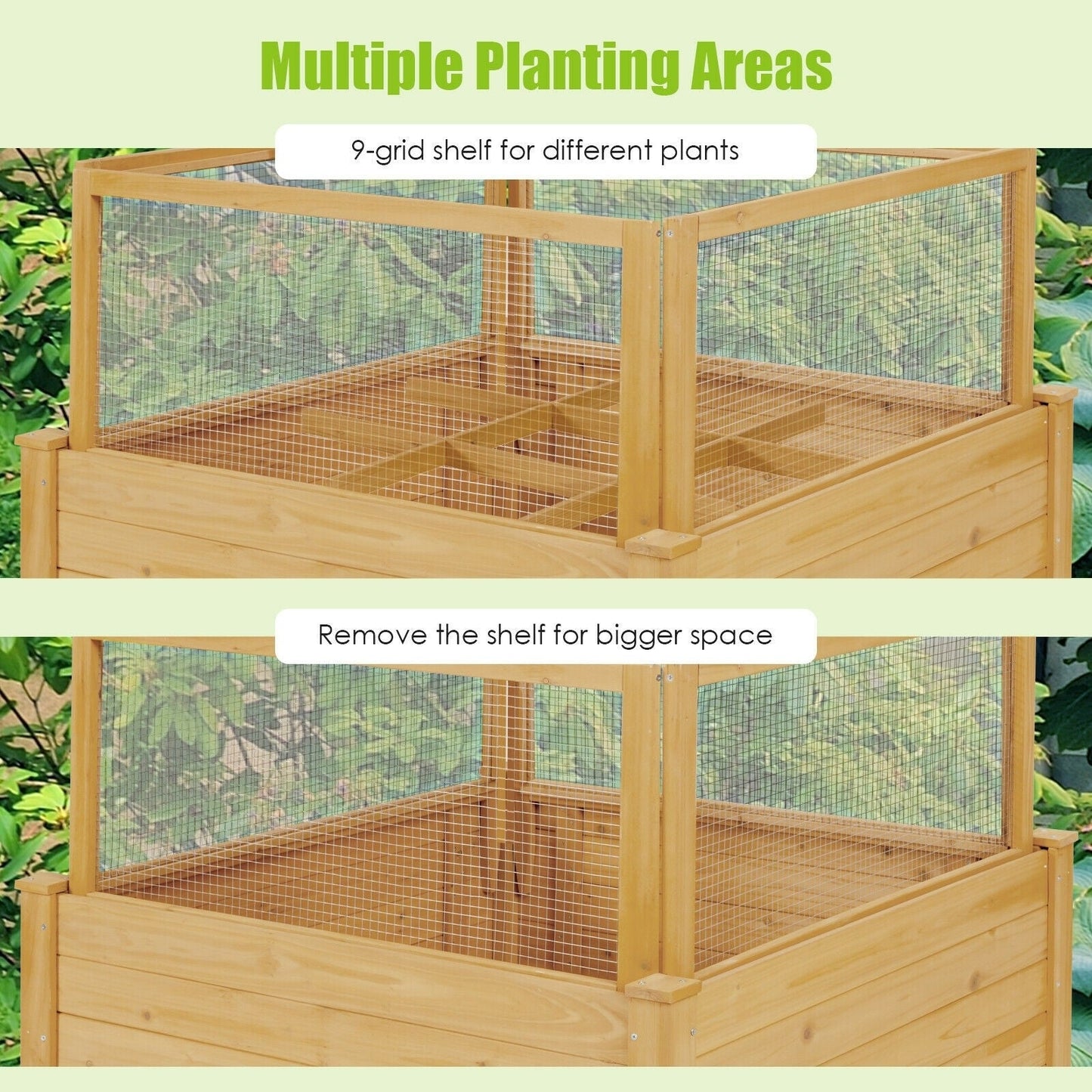 Wooden Raised Garden Bed with 9 Grids and Critter Guard Fence