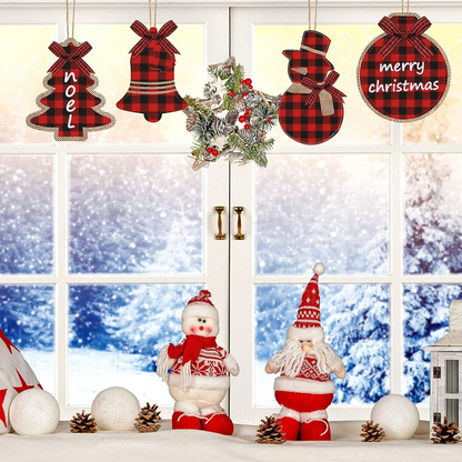 Christmas-Christmas decorations tree ornament 8 pcs red black buffalo check plaid stitching burlap hanging ornaments tree ball bell stocking shaped hanging decor for holiday xmas party decorations gift