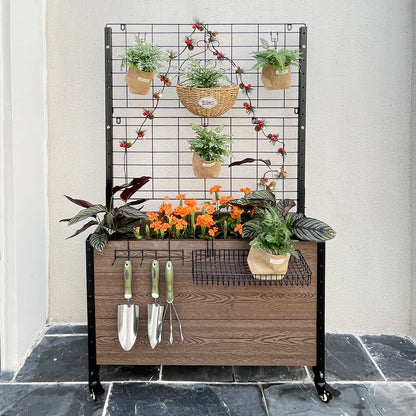 Mobile Deep Trough Planter with Trellis and Basket & Hook Set