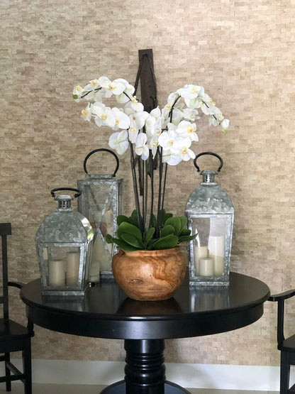 Large teak bowl with white orchids