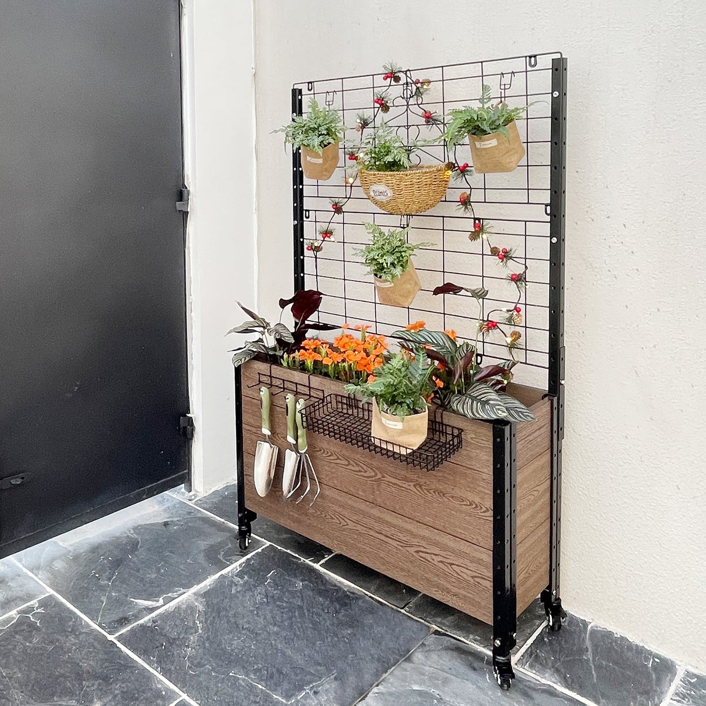 Mobile Deep Trough Planter with Trellis and Basket & Hook Set