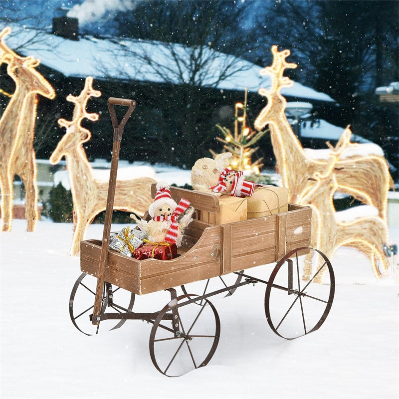 Wooden Garden Planter Wagon Cart with Metal Wheels for Backyard