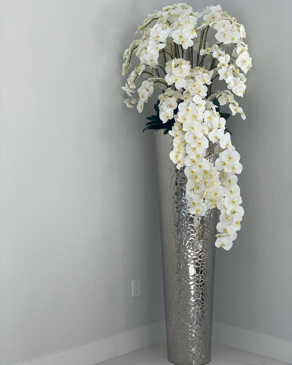 Extra Tall Hammered Planter With Cascading Phalaenopsis Orchids(Out of Stock)