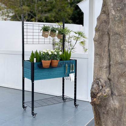 Self-watering Mobile Elevated Planter in Blue with Trellis and Basket & Hook Set