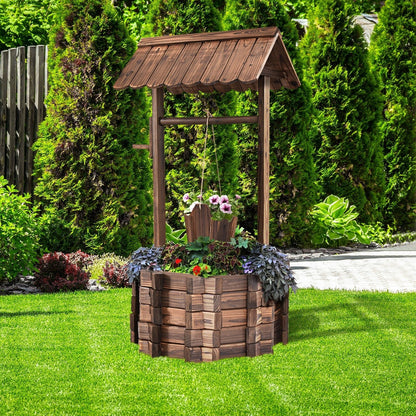 Rustic Outdoor Wooden Wishing Well Planter Garden Flower Plants Planter with Hanging Bucket