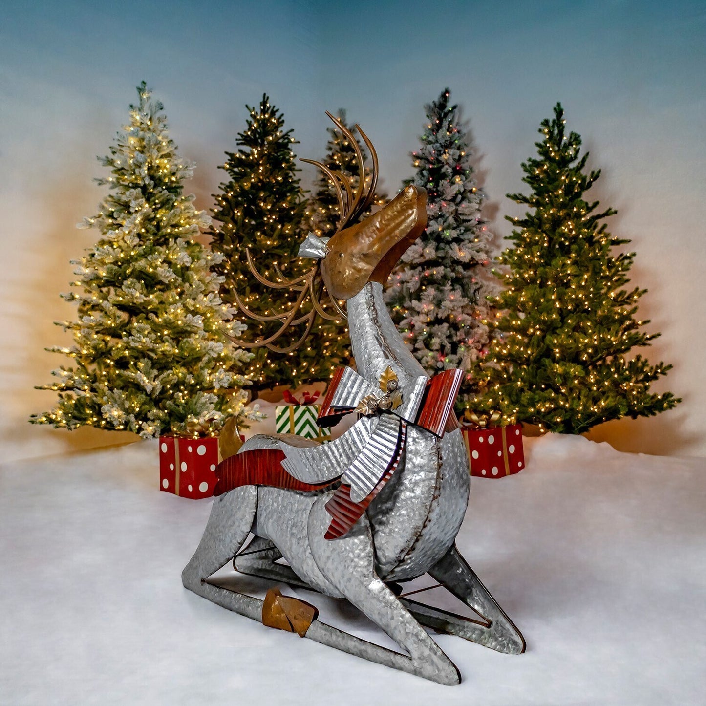 SET OF 3 LARGE GALVANIZED REINDEER WITH BOWS AND BELLS