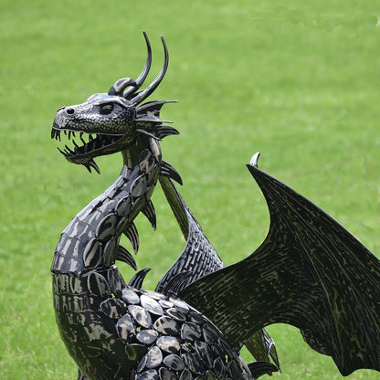 4.5 FT. TALL LARGE IRON DRAGON STATUE WITH CURLY TAIL