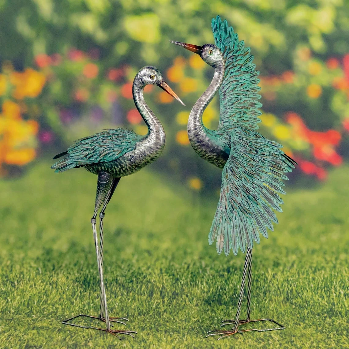 Stylized Silver-Teal Metallic Crane Garden Figurines