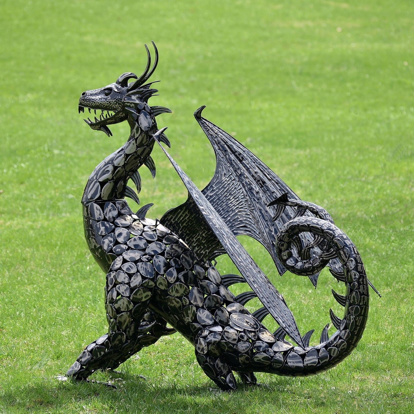 4.5 FT. TALL LARGE IRON DRAGON STATUE WITH CURLY TAIL