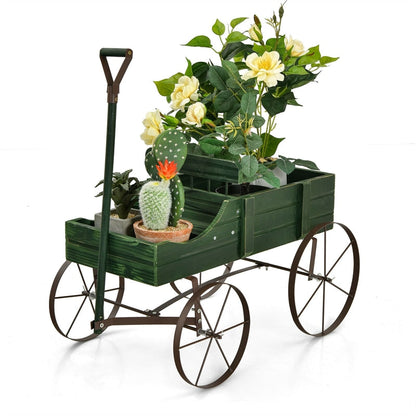 Wooden Garden Planter Wagon Cart with Metal Wheels for Backyard