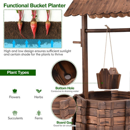 Rustic Outdoor Wooden Wishing Well Planter Garden Flower Plants Planter with Hanging Bucket