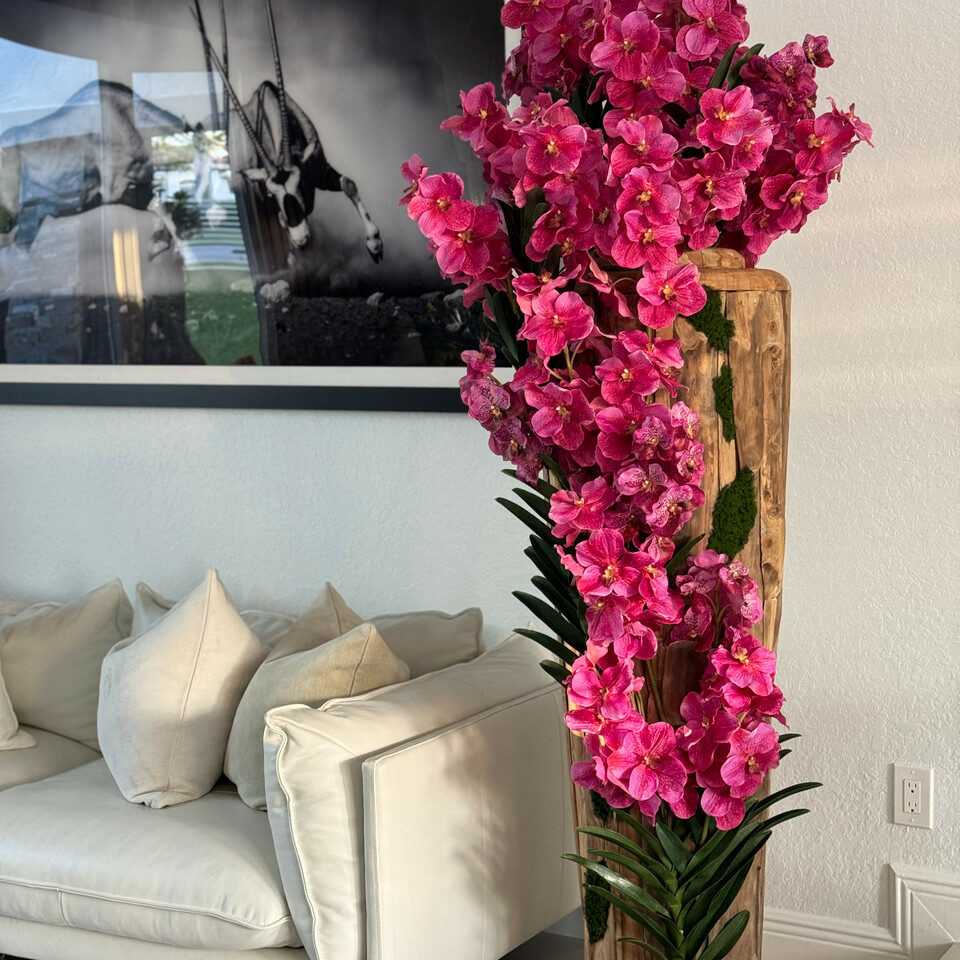 Large Live Edge Teak Vase with Pink Vanda Orchids