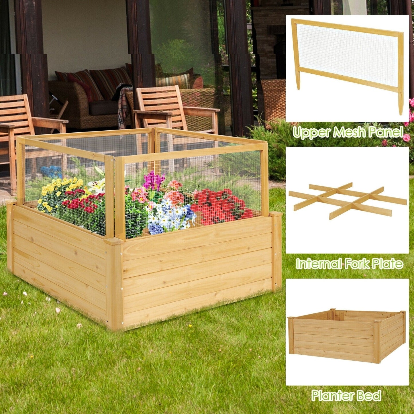 Wooden Raised Garden Bed with 9 Grids and Critter Guard Fence