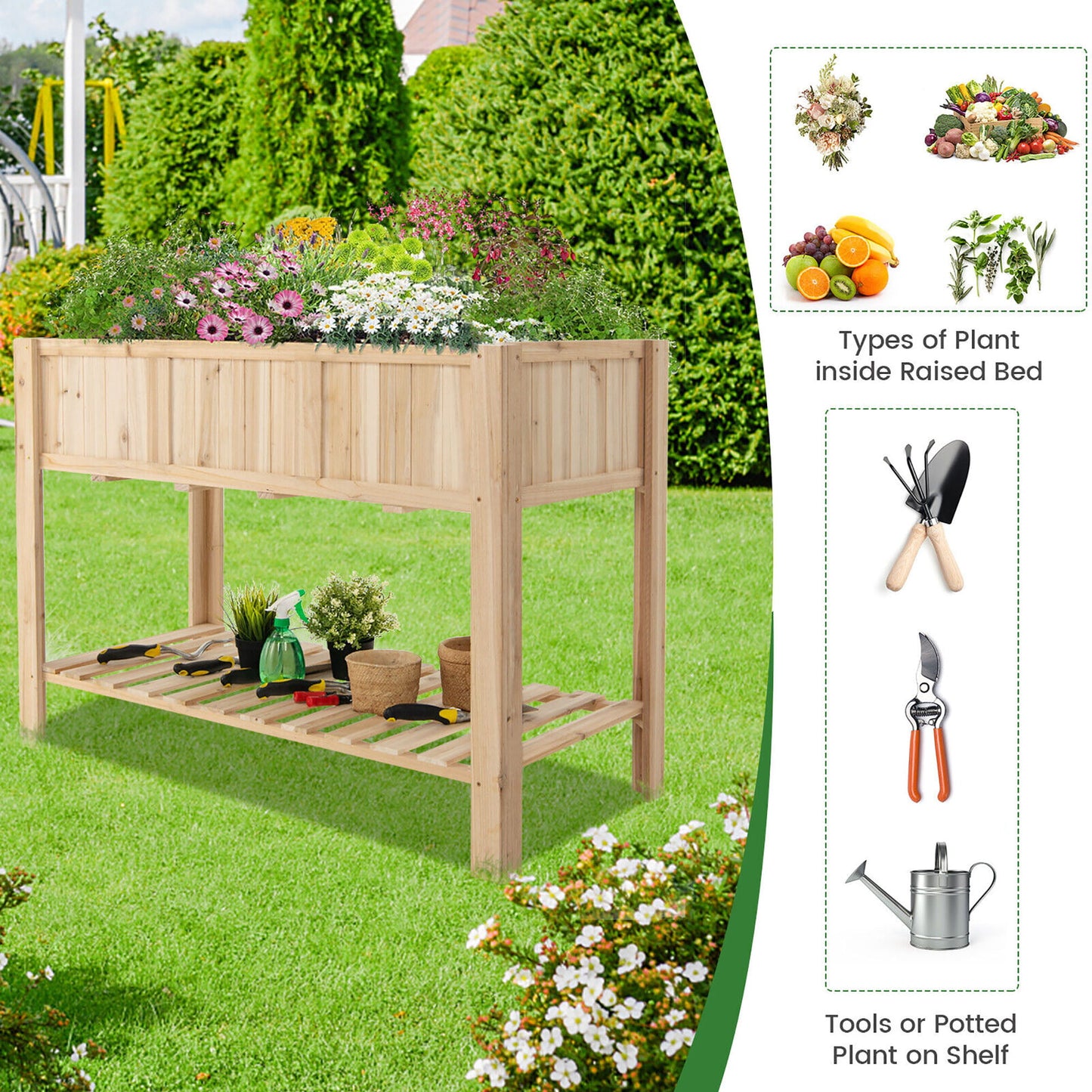 47'' Wooden Raised Garden Bed w/Bottom Shelf & Bed Liner Outdoor Elevated Planter Box