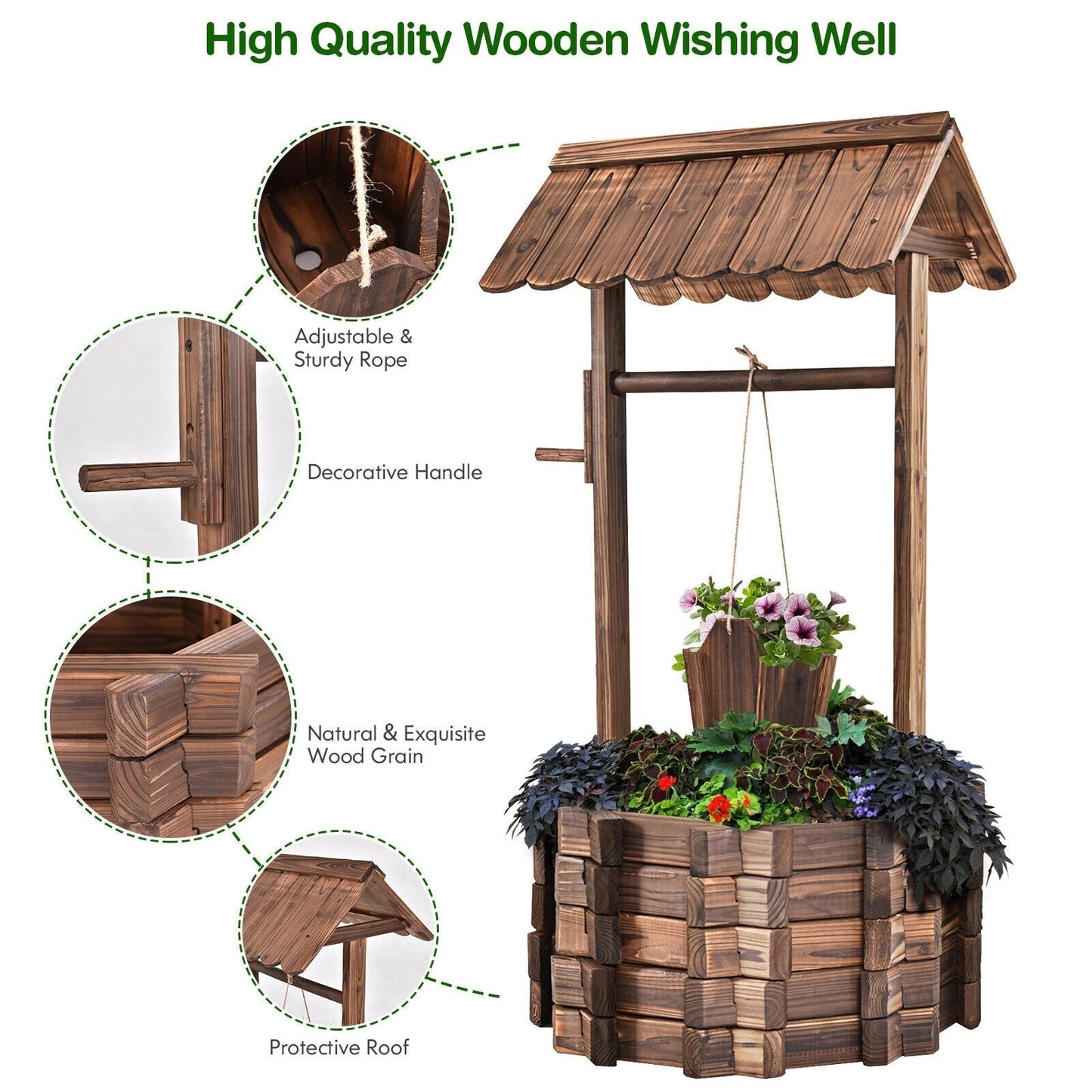 Rustic Outdoor Wooden Wishing Well Planter Garden Flower Plants Planter with Hanging Bucket