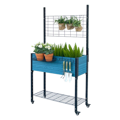 Self-watering Mobile Elevated Planter in Blue with Trellis and Basket & Hook Set