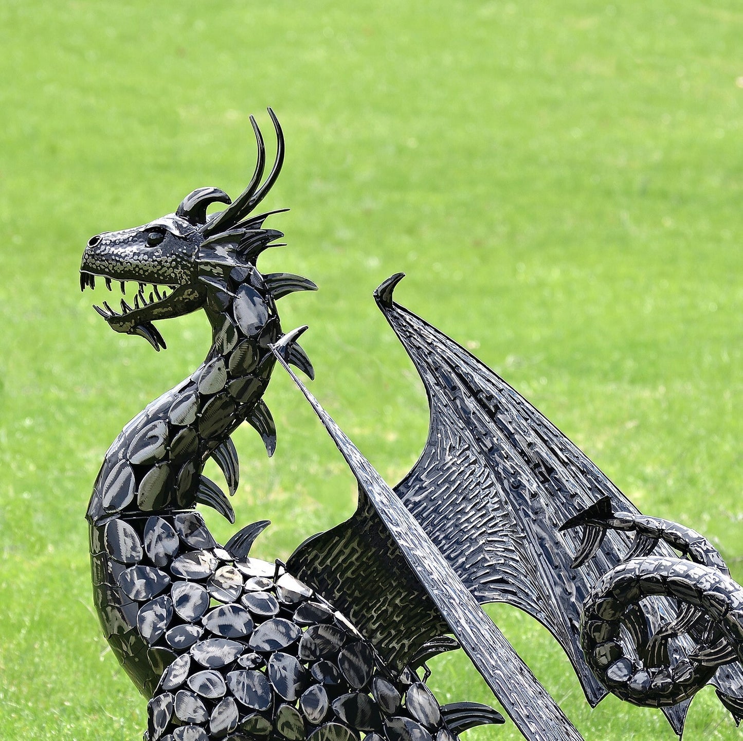 4.5 FT. TALL LARGE IRON DRAGON STATUE WITH CURLY TAIL