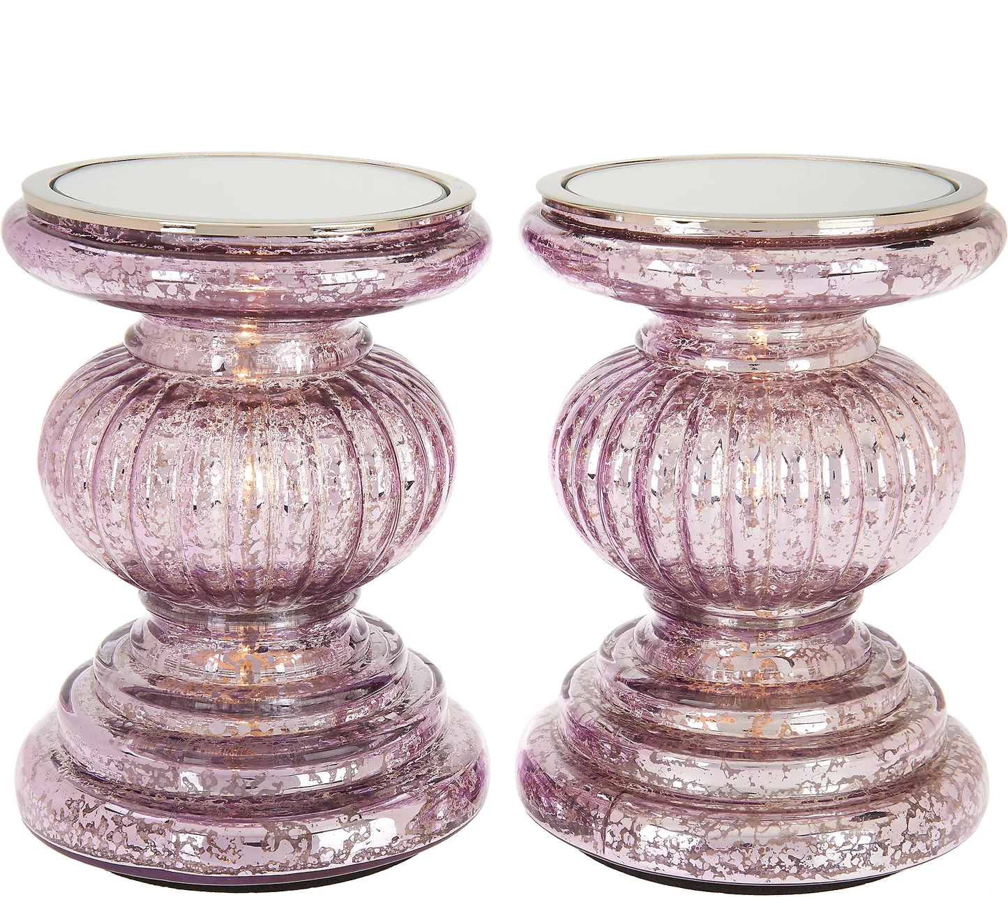 Set of 2 Lit Candle Holder Pedestals with Mirror Inserts