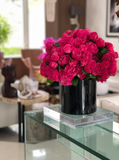 Dark Pink English Roses in Black Glass Cylinder Vase