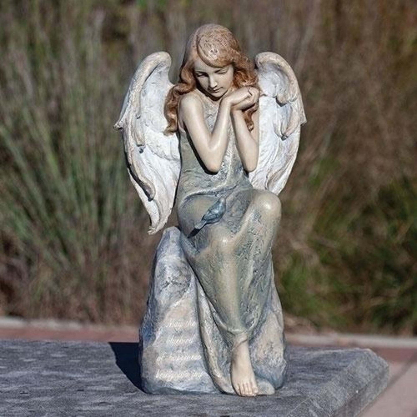 Angel With Blue Bird Of Happiness Garden Statue