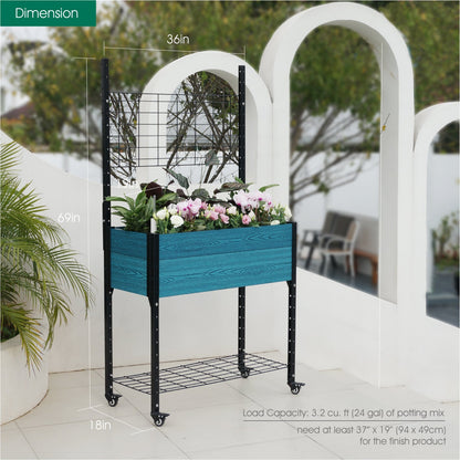 Self-watering Mobile Elevated Planter in Blue with Trellis