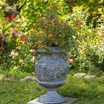 31 Inch Tall Urn Style Flower Planter in Antique Gray