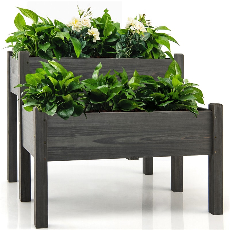 2-Level Wooden Raised Garden Bed Elevated Planter Box with Legs and Drain Holes