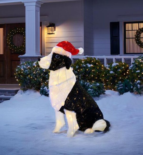 Christmas-30 in pre lit tinsel dog with santa hat