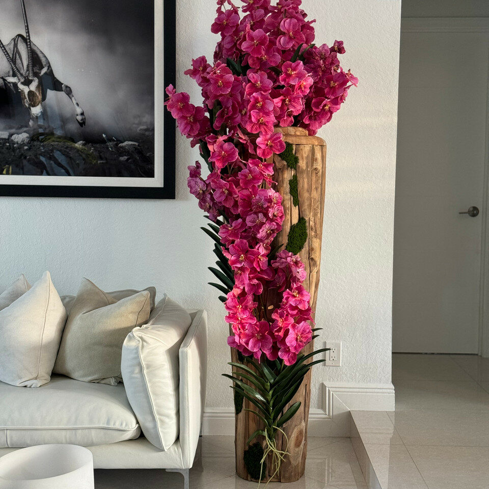 Large Live Edge Teak Vase with Pink Vanda Orchids