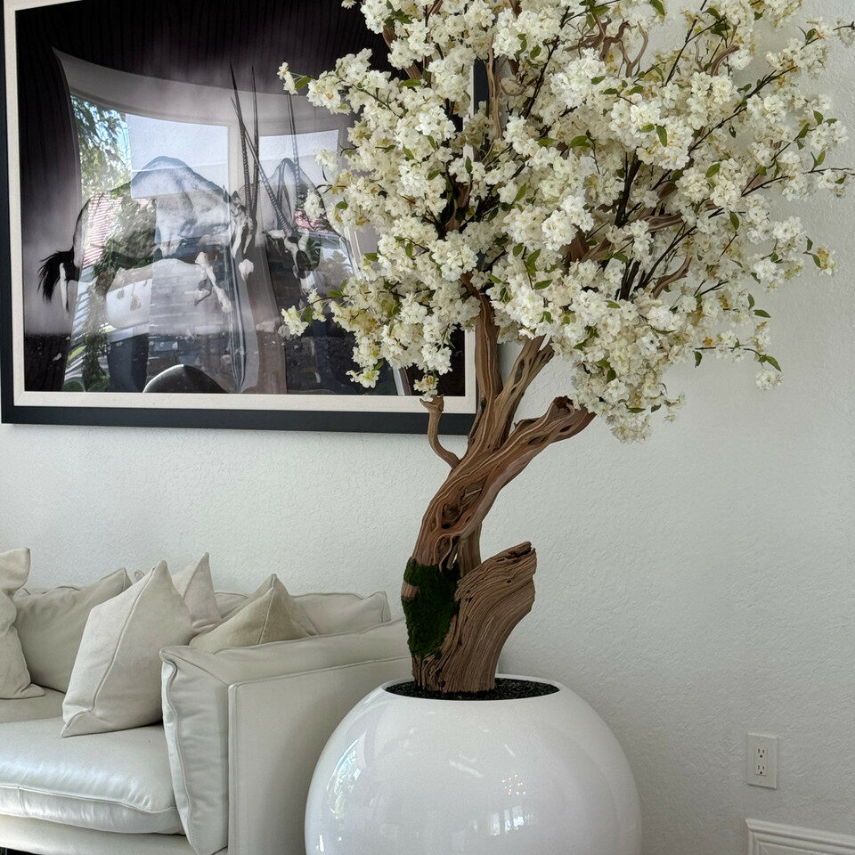 Most popular glossy white globe with custom made cherry blossom tree