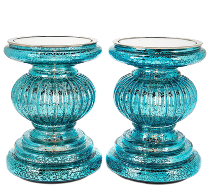 Set of 2 Lit Candle Holder Pedestals with Mirror Inserts