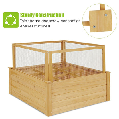 Wooden Raised Garden Bed with 9 Grids and Critter Guard Fence