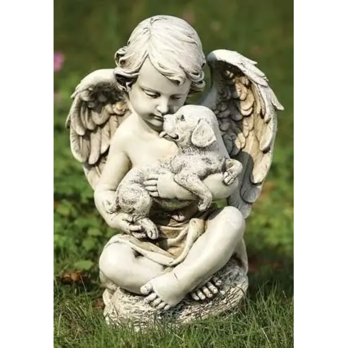 Angel Cherub Holding A Puppy Garden Statue